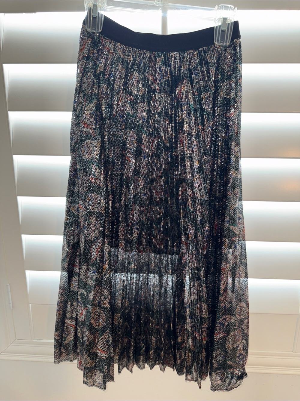 Maje Black Sheer Pleated Midi Skirt with Metallic Floral